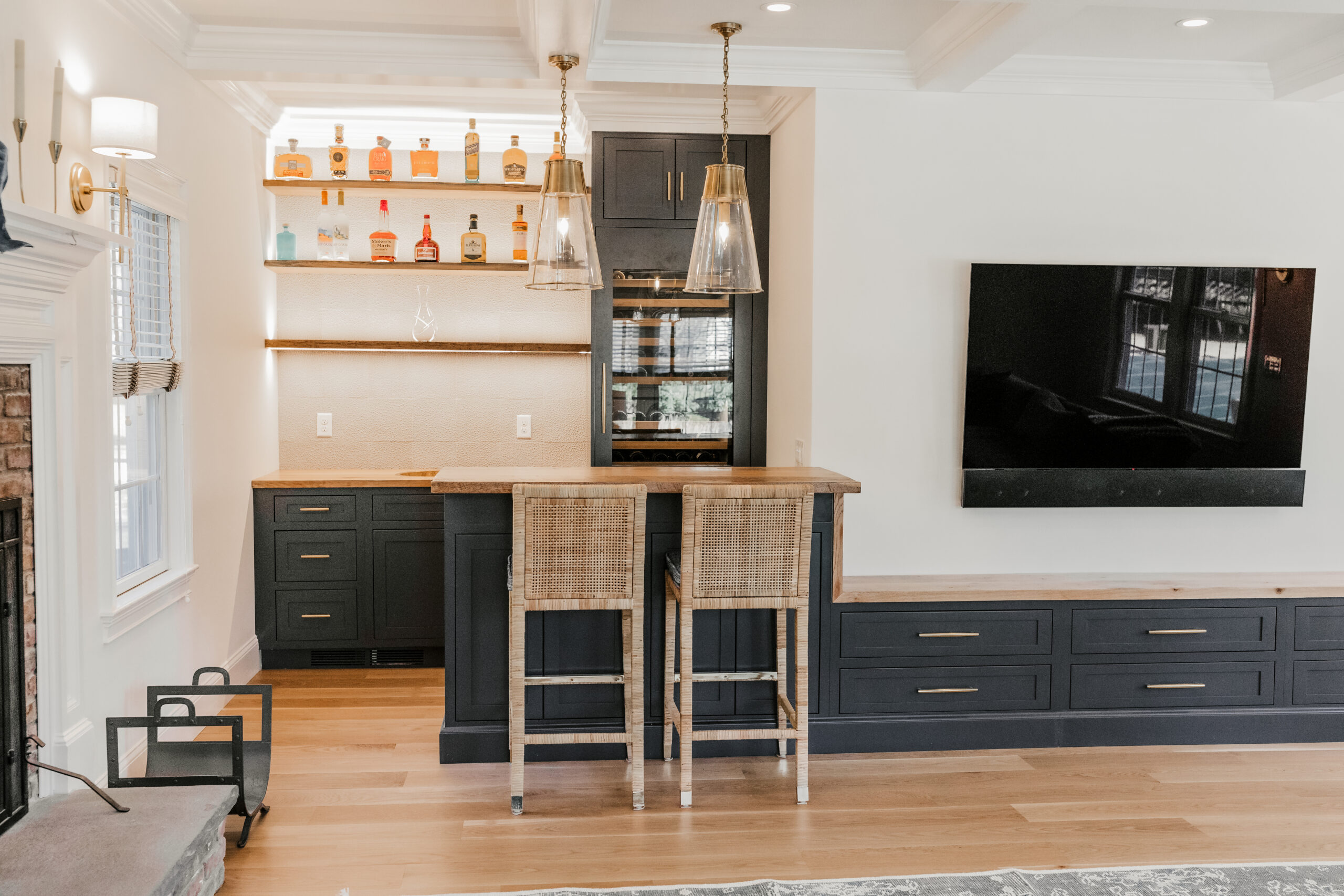 Custom bar cabinet and shelf area, room and interior design by Emily's Interiors